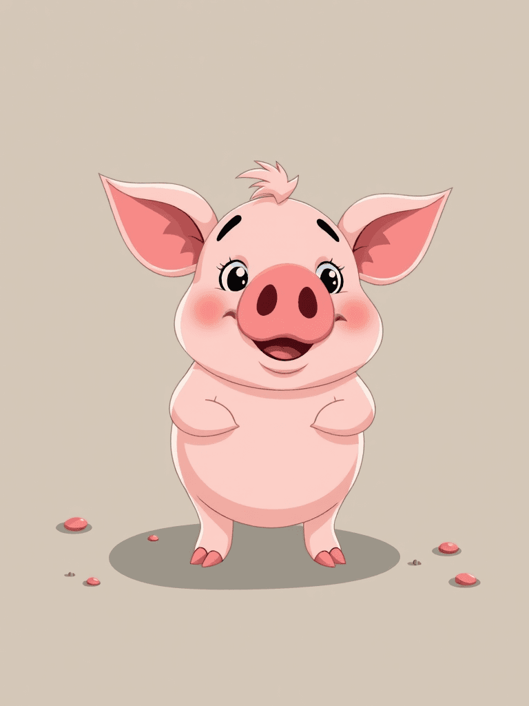 This image features a cheerful, animated piglet standing with a smile and big eyes.