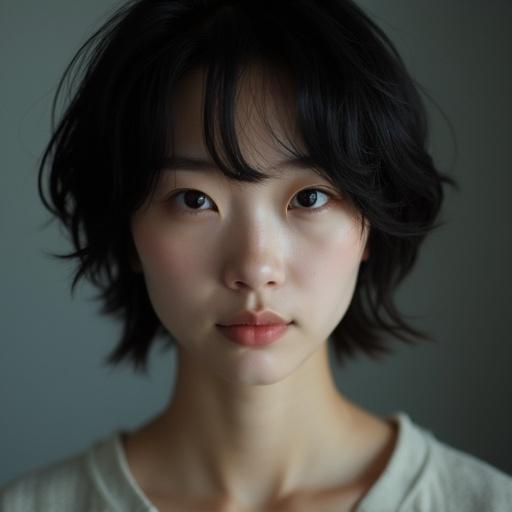 Japanese girl portrait. Age 18. Dark, short bob haircut. Full lighting illuminating the face.