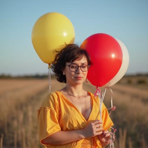 A woman holds red and yellow balloons in a field. She has short hair and glasses. The scene is bright and sunny.