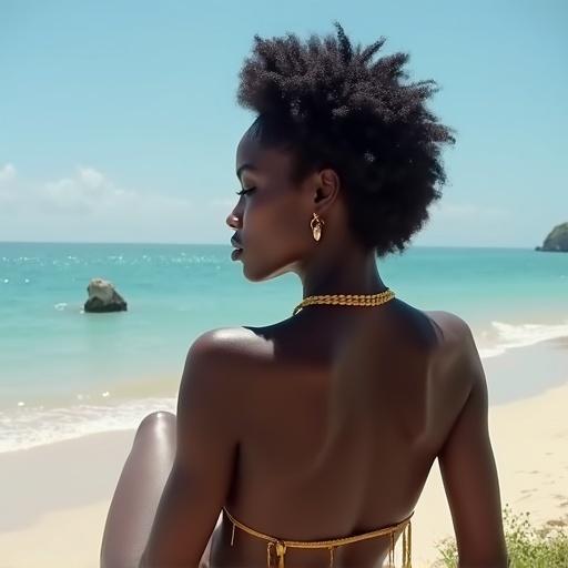 Portrait of Haitian woman sitting on beach. Natural light highlights features. Tropical scenery in background. Woman has natural hairstyle and accessories. Beachwear style.
