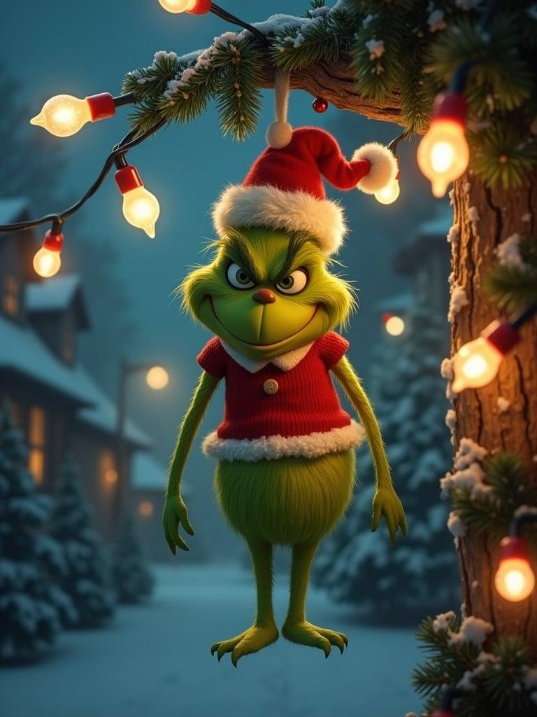 Cartoon Grinch character hangs from colorful Christmas lights. The Grinch shows a defeated expression. He wears a red Santa hat and a red sweater with white trim. Background features a snowy night scene with glowing lights and Christmas trees. Cozy holiday atmosphere depicted.