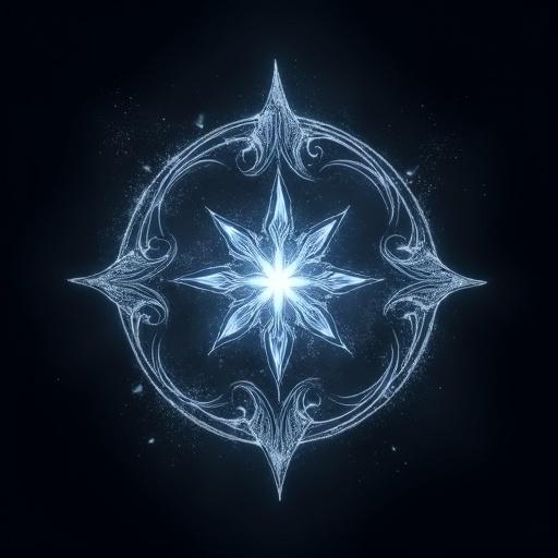 A sacred emblem represents Glaciri Whisp entity. Fine line art. Glows with silver and icy blue tones. Centered on charcoal backdrop. Delicate swirling mist patterns. Incorporates frost motifs and crystalline elements. Luminous snowflake at core. Mystical branding symbol with tribal elegance. Minimalist fantasy logo. Clean lines and symmetrical glow.