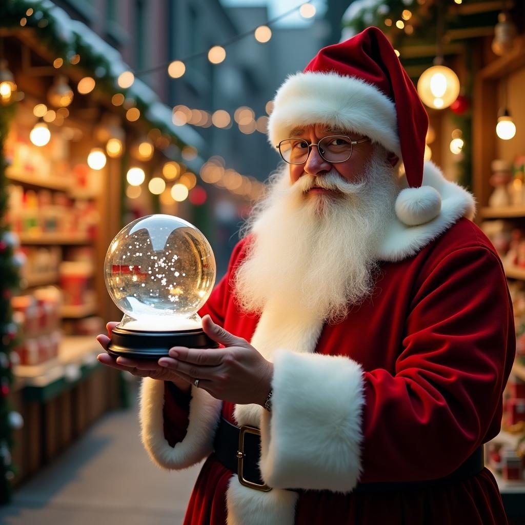 Christmas scene with Santa Claus in red and white suit holding a snow globe. Snow globe contains nothing. Background includes a toy shop with festive decorations and glowing lights.