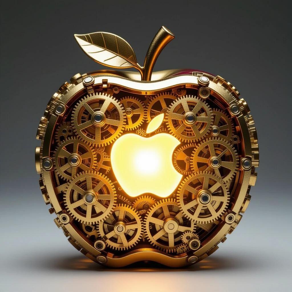 Intricately shaped apple from interlocking brass gears with a glowing core at the center. Smooth skin contrasts with the rough metallic texture of cogs and gears. Mechanical fruit of knowledge concept.