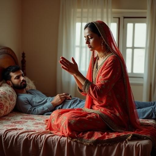 A woman in a colorful traditional dress with a dupatta prays on the edge of the bed. She looks hopeful and sorrowful. Beside her, her husband is relaxed on the bed, using a mobile phone. The room has bright natural light and traditional Pakistani decor, featuring wooden furniture and embroidered cushions.