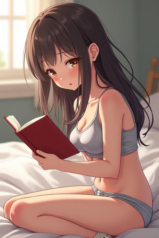 Manga style illustration of a teenage girl in cute underwear laying on her bed while reading a book with natural light streaming in from a window.