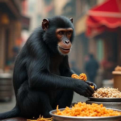 Black monkey sells Indian street food. A banner mentions food for 0.01 dollar. The scene is lively and colorful. The monkey sits and holds food. The background is busy.