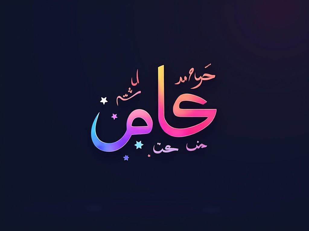 This image features vibrant, stylized Arabic text against a dark background. The design incorporates a gradient of colors from purple to pink and blue, creating a dynamic visual effect. The letters are artistically drawn, highlighting Arabic calligraphy. It conveys a sense of modernity intertwined with traditional art forms. Suitable for cultural events or artistic displays, this artwork stands out due to its colorful representation and careful design.