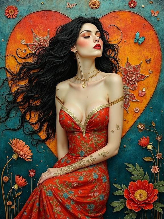 3D multi-layered mixed media artwork. Artwork features a woman with flowing black hair in a red dress. Background includes decorative floral patterns and a heart shape. Influenced by various artists known for intricate and whimsical styles.