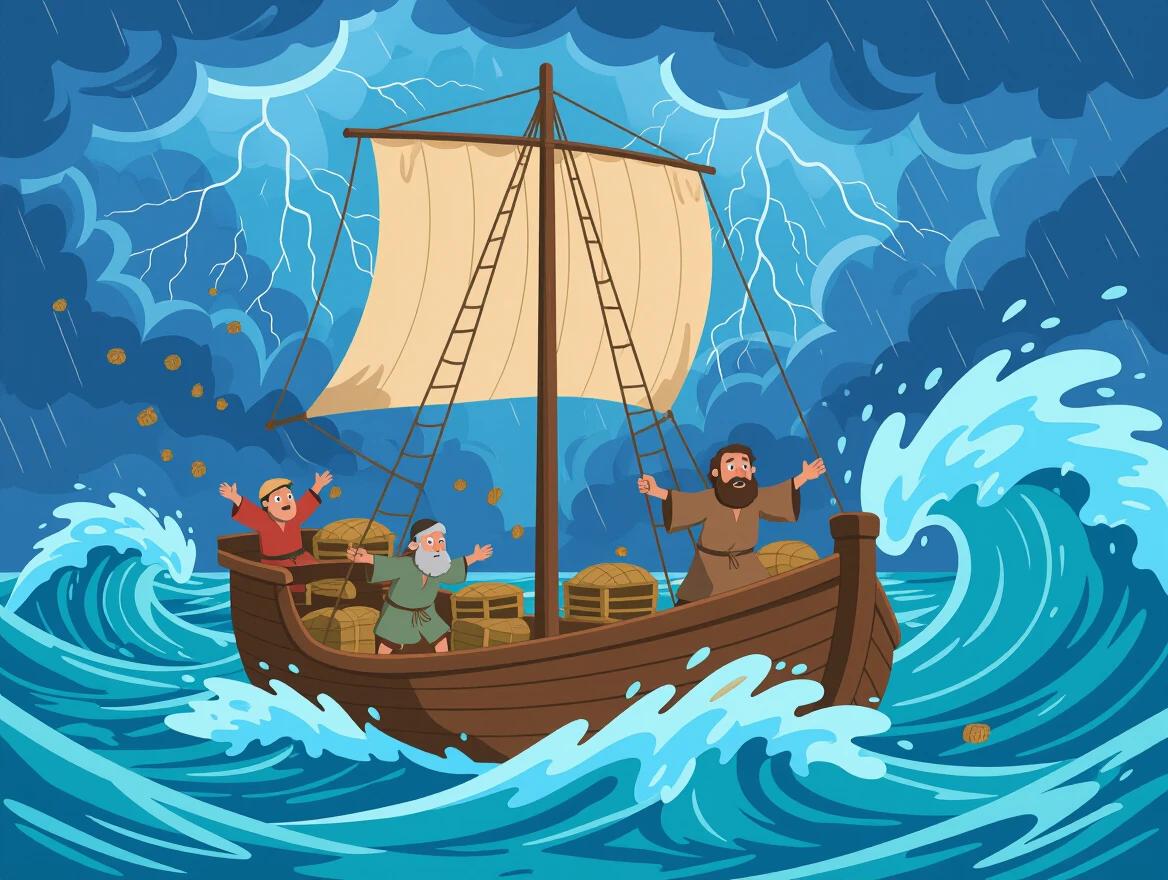 Wooden boat rock wildly on stormy sea. Giant waves and strong wind blow. Dark clouds and flashes of lightning appear. Scared sailors in ancient clothes toss cargo. Grumpy man with beard stands on edge, deep breath before jump. Ocean dramatic and powerful, cartoon style with smooth lines and bright colors.