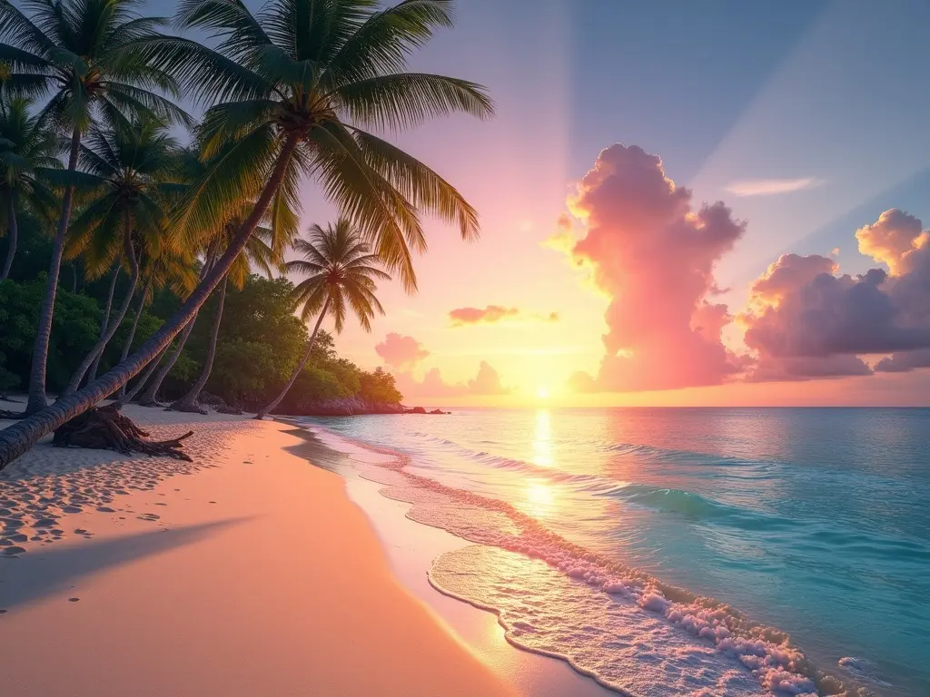 AI Generate: Breathtaking Tropical Beach Scene with Swaying Palm Trees and Mesmerizing Sunset. The beach is a serene paradise with soft, golden sands that gently meet the crystal-clear, calm waters. Tall palm trees lean gracefully towards the ocean, their leaves rustling in the warm breeze. A stunning sunset paints the sky in brilliant shades of orange, pink, and purple, reflecting beautifully on the water's surface. Fluffy clouds float lazily across the sky, adding to the tranquil atmosphere of this idyllic location.