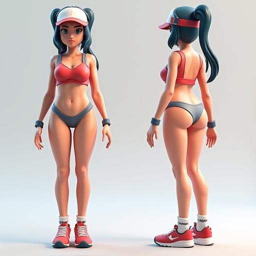 3D model of female Pokemon trainer in front side back view A-pose. Hourglass shape expressive body stylization. Rendered with octane character design data representation. Showcasing soft light details.