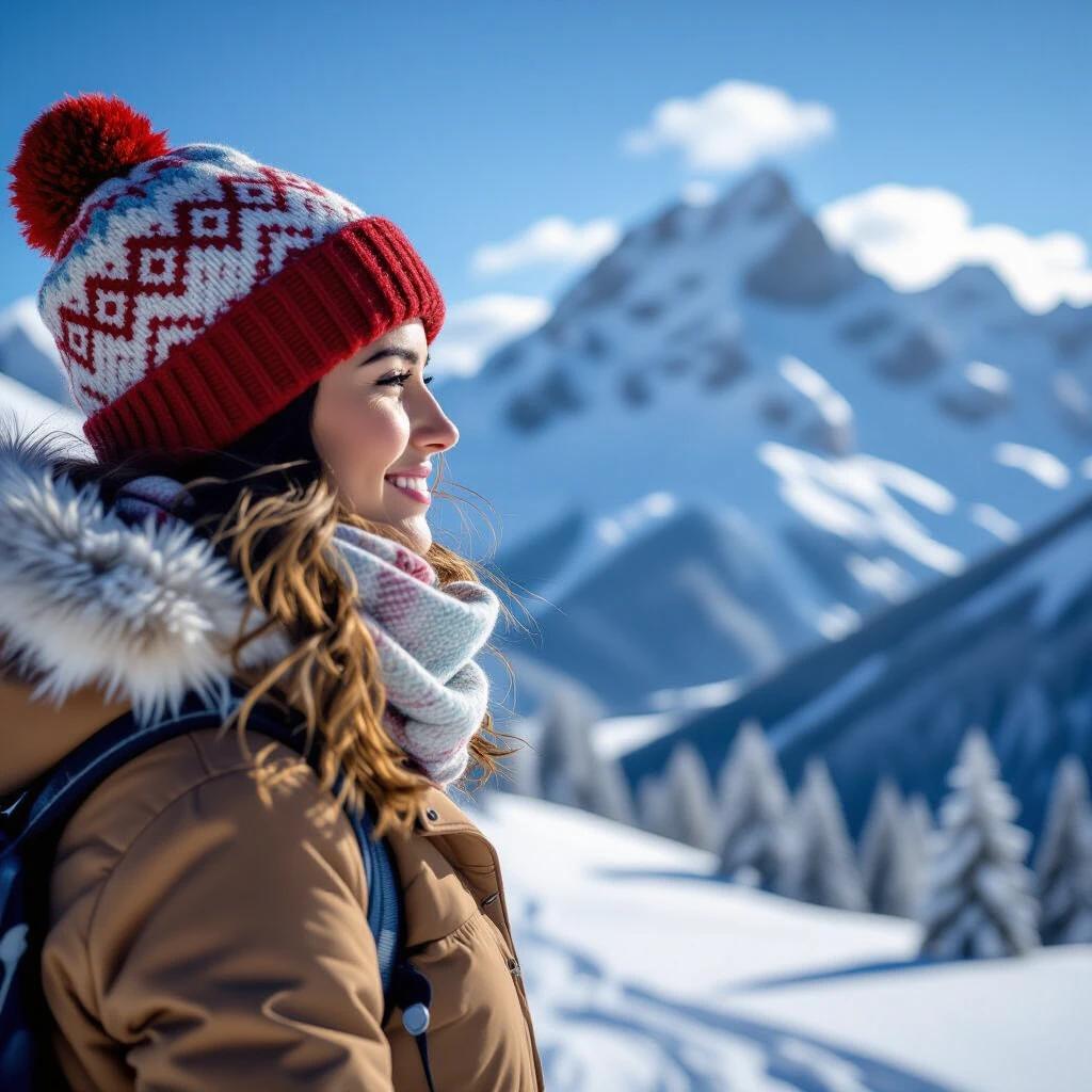 Woman looking at a snowy mountain. She wears a red knitted hat and a warm coat. Scenic winter landscape in the background. Bright sky and snow-covered peaks.