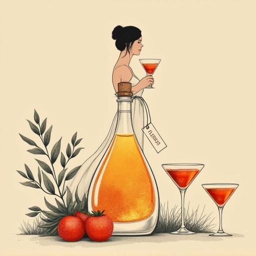 Minimalist screen printing artwork. Woman in her mid-thirties holding cocktail glass. Flowy light sun-dress. Apothecary bottle filled with golden elixir nearby. Cork lid. Hang tag with ALFRUNO in script. Two cocktail glasses on the side. Beige background. Mysterious elegant mood. Simple bold strokes. Golden ratio composition.