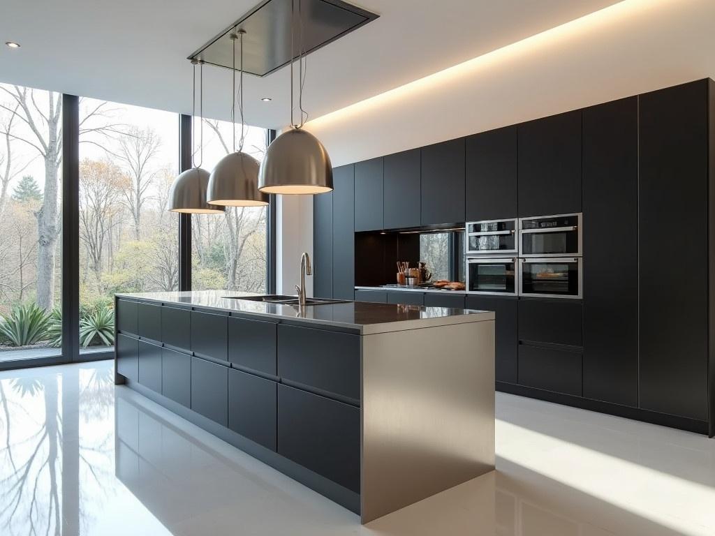 This is an ultra modern kitchen featuring a stunning stainless steel island at its center. The cabinetry is sleek and minimalistic, with dark shades that complement the bright, airy feel of the space. Large windows allow natural light to flood in, highlighting the clean lines and contemporary fixtures. Stylish pendant lights hang above the island, adding elegance to the functional layout. High-end appliances are seamlessly integrated into the design, making it both aesthetic and practical for cooking. The polished floors reflect the chic decor, while the overall design promotes a sense of luxury and modern living.