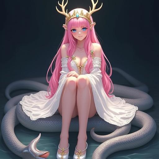 A digital illustration features a fantasy character seated on a snake. The character wears a white dress with intricate patterns and a crown. She has long pink hair and blue eyes, showing a calm expression. The background conveys a serene and mystical atmosphere with soft lighting. A young adult female figure sits with her legs crossed, wearing white high heels and jewelry.