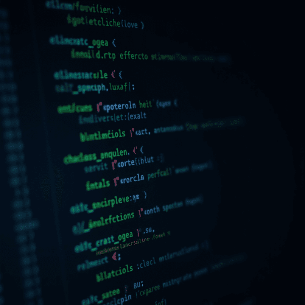 A dark-themed close-up view of a computer screen displaying colorful, stylized programming code.