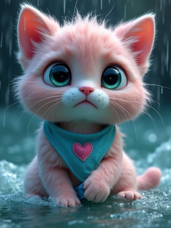 Close-up portrait of a fluffy anthropomorphic kitten with pastel pink and lavender fur. Large expressive green eyes and an oversized Pixar-style head. Soft rounded features, tiny paws, perky ears, and a light blue bandana with a stitched pink heart. The kitten looks desperate while holding a plastic water bottle. Raindrops mix with tears on its fur against a dark stormy sea background. Emotional and sad appearance with churning waves.