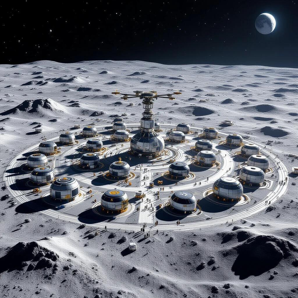 Drone shot of a human colony on the Moon. Multiple dome structures arranged in a circular pattern. Dark sky with distant planet visible. Lunar surface is gray and rocky.