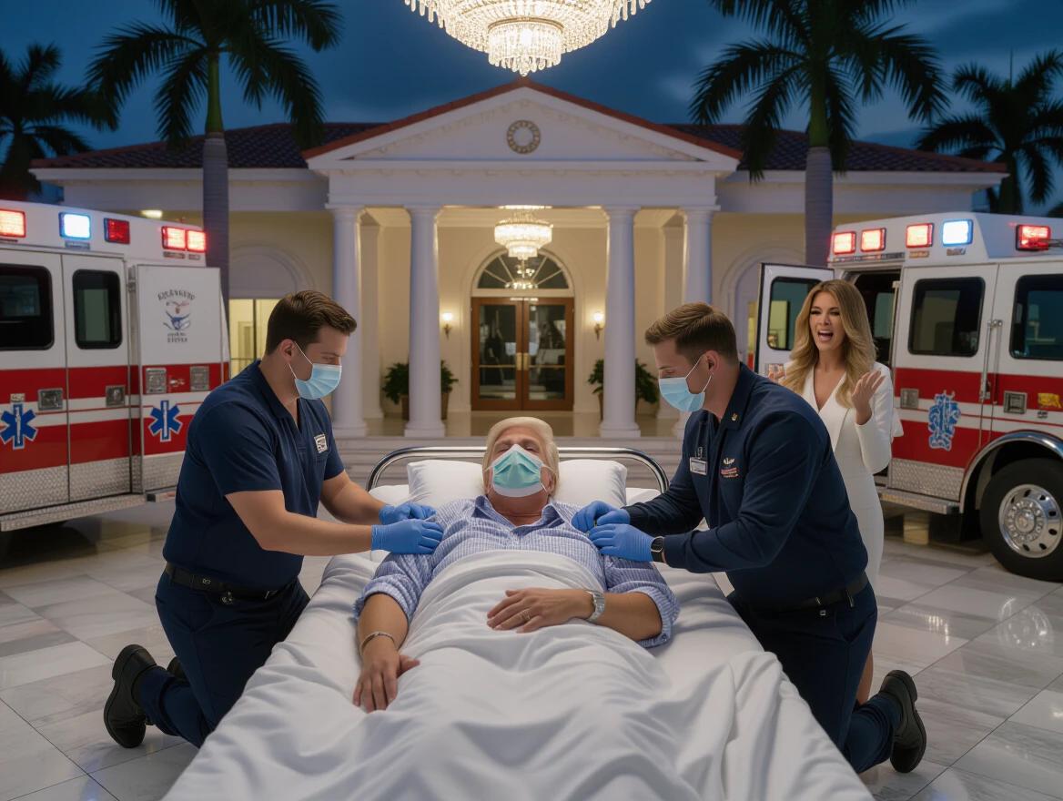 A cinematic scene inside the Mar-a-Lago mansion. A man lying unconscious on a stretcher wears an oxygen mask. Two medical personnel provide first aid. A young boy kneels beside the stretcher showing tears and panic. A woman stands in the background with a shocked expression. Ambulance lights cast dramatic colors across the scene. Deep shadows and light smoke enhance the atmosphere. At the top, a black strip with large red letters states: 'CRISIS EN LA FAMILIA TRUMP'.