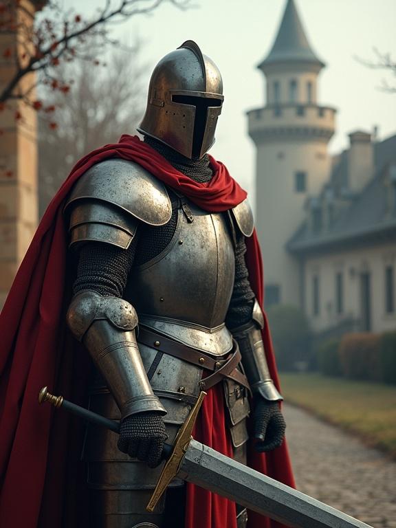 A knight in full armor stands in a historic burg. The knight wears a helmet and a long red cape. A large sword is held in hand. The scene is set near a castle-like structure.