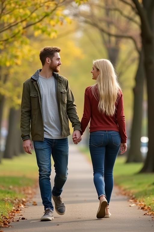 Blonde woman in casual clothes walks with boyfriend in Hyde Park during spring. They hold hands and share a loving look.
