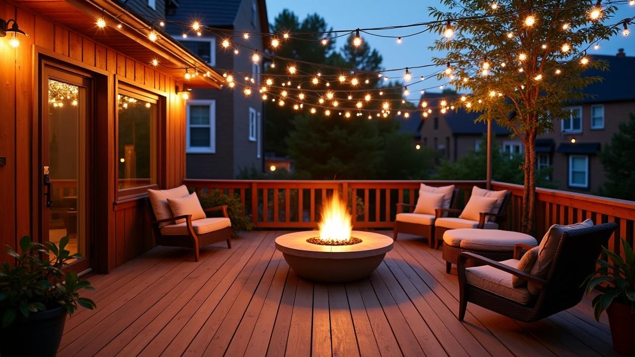 This image depicts a cozy backyard patio at dusk, adorned with warm string lights hanging overhead. The patio features comfortable seating around a central fire pit, with soft cushions inviting relaxation. The glow from the lights and the fire creates a harmonious and tranquil ambiance against the backdrop of neighboring houses.