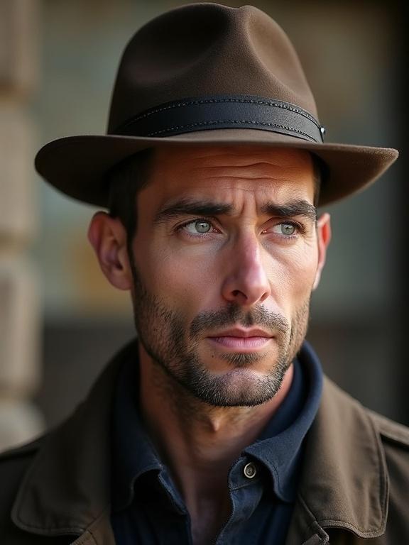 Portrait of a handsome man wearing a brown hat. Features sharp jawline and striking blue eyes. Elegant and stylish appearance.