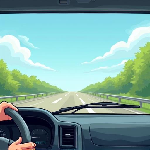 Cartoon style illustration depicting a driver with hands on the steering wheel. View of a clear road ahead with trees on the sides under a blue sky.