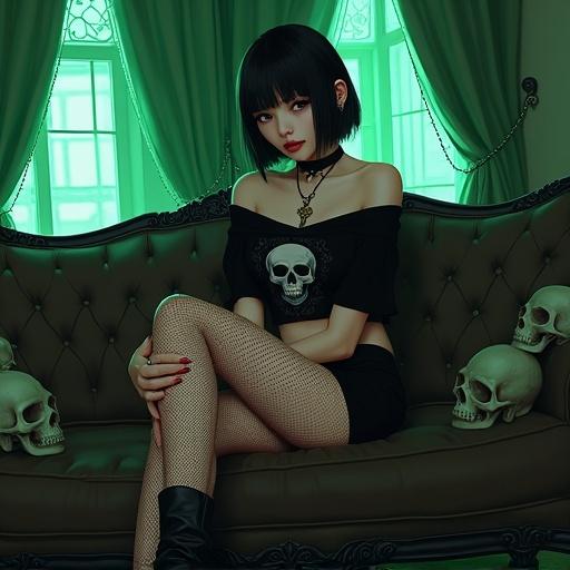 Digital illustration of a gothic-themed character sitting on a luxurious couch in a dimly lit room. The character is a pale-skinned woman with short black hair wearing a black crop top with a skull design and fishnet stockings. She sits in the middle of the image with her legs crossed and hand on her thigh. Eye expression is neutral, and she wears accessories including a choker and bracelets. Room has decorations including skulls and green curtains.
