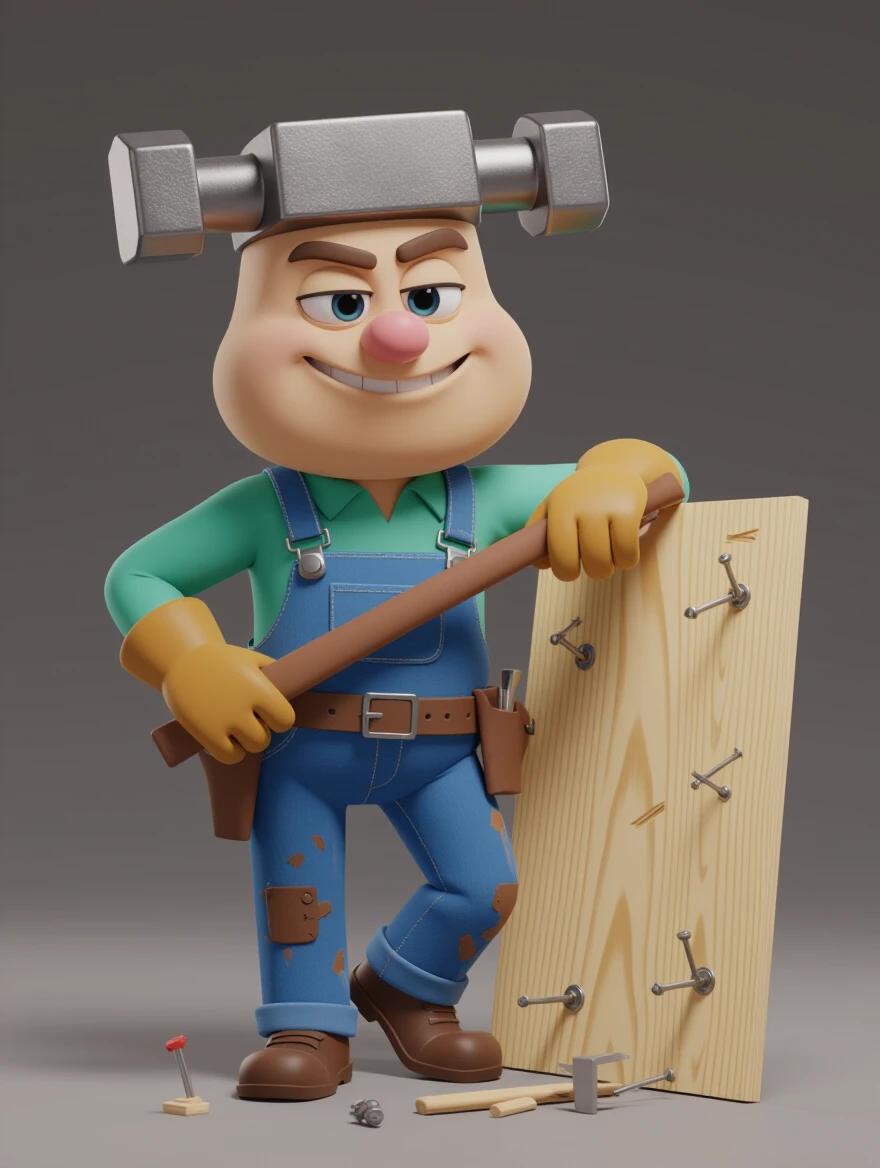 A confident cartoon hammer character poses in front of a wooden board. Hammer is standing next to the board which is perfectly nailed. The character displays a smug expression. Cartoonish appearance with exaggerated features. Character holds a tool with strong posture.