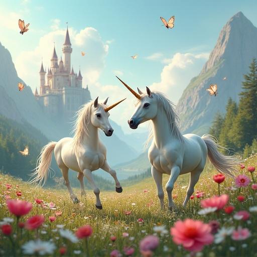 Two unicorns standing in a flower meadow with butterflies flying around. Mountains and a floating castle appear in the background.