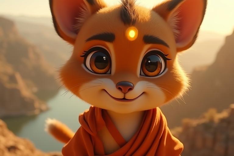 A close-up shot captures Kittuu standing on a cliff. He has large brown eyes showing emotion. His expression shifts from determination to a soft smile. He wears an orange gi that flutters. A golden forehead mark glows faintly. The background features hills and a river under golden sunlight.