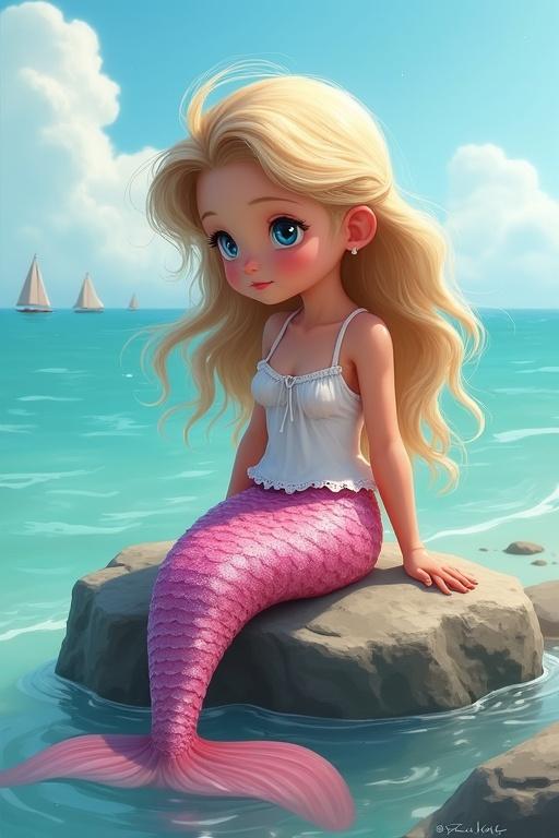 Generate an image of a cute young mermaid with blonde hair and blue eyes. She has a pink tail and white vest. She sits on a rock looking at the shore in the ocean.