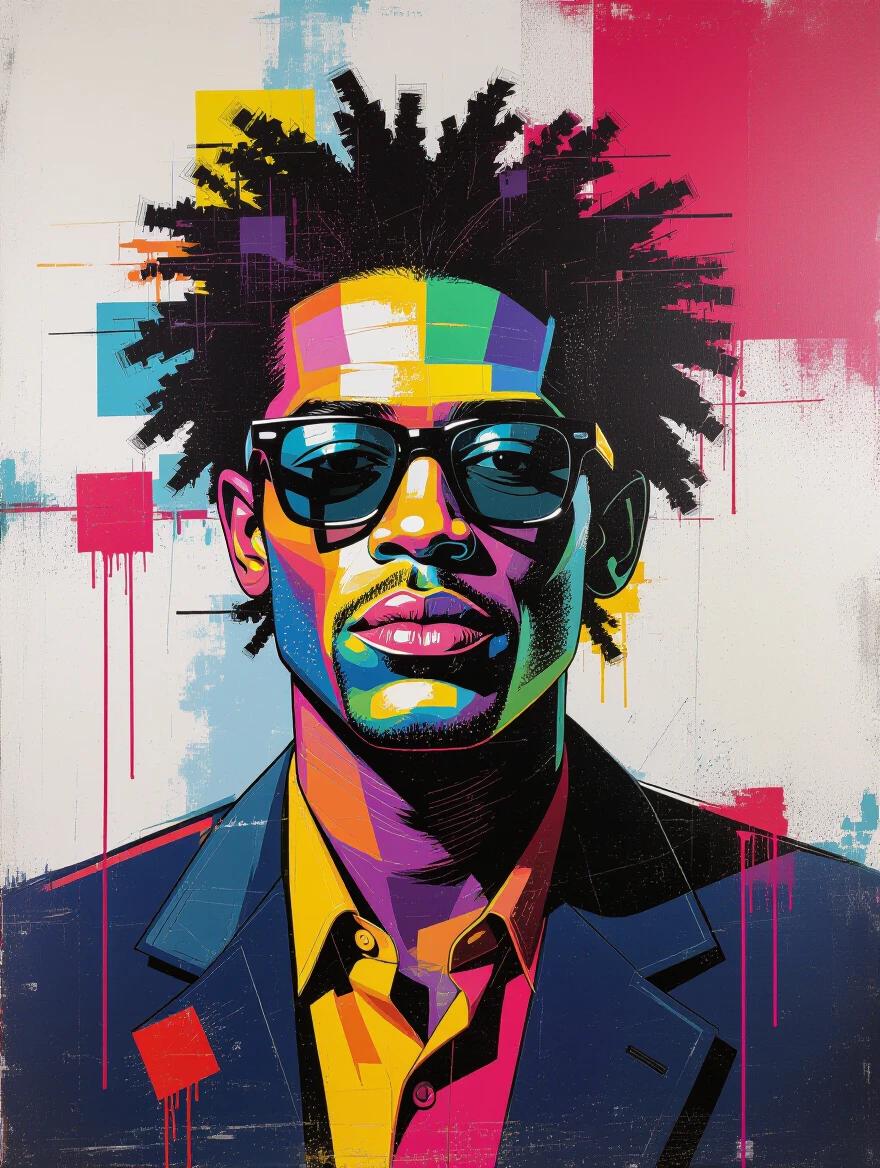 A modern art piece featuring a stylized portrait. The design includes graffiti influences reminiscent of Basquiat. The colors are glitchy neon tones. It incorporates abstract digital patterns and minimalistic shapes for a futuristic aesthetic.