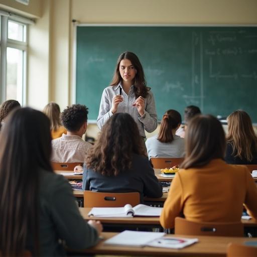A realistic image of a classroom. Students sitting at desks engaged in activities like reading, chatting, drawing, and eating cookies. A teacher in front appears distressed by the lack of attention, worried about their assessment.