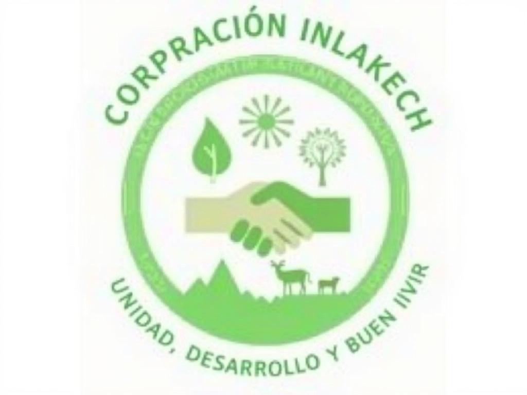 The image features a circular logo encapsulated within a green border. At the center, there are two hands joining in a handshake, symbolizing unity and collaboration. Surrounding the hands are various icons representing nature, such as a leaf, a water droplet, and a sun, indicating a focus on environmental sustainability. Additionally, there are small mountain and animal silhouettes at the bottom, highlighting the connection to nature. Above the logo is the text "CORPORACIÓN INLAKECH" and below it reads "UNIDAD, DESARROLLO Y BUEN VIVIR," emphasizing the organization's mission towards unity, development, and living well.