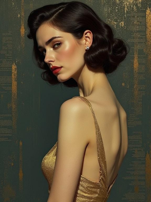 Brunette female model with classic features in a gold leaf dress. Side profile shown. Soft lighting highlights her elegant hairstyle. Textured background enhances visual depth. Evocative of 1950s beauty standards.
