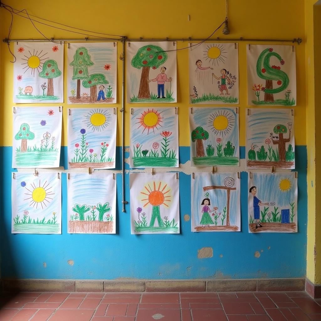 Image of a school wall in Kerala filled with crayon-painted posters on sustainability and environmental protection. Bright colors and various themes displayed in a neat arrangement.