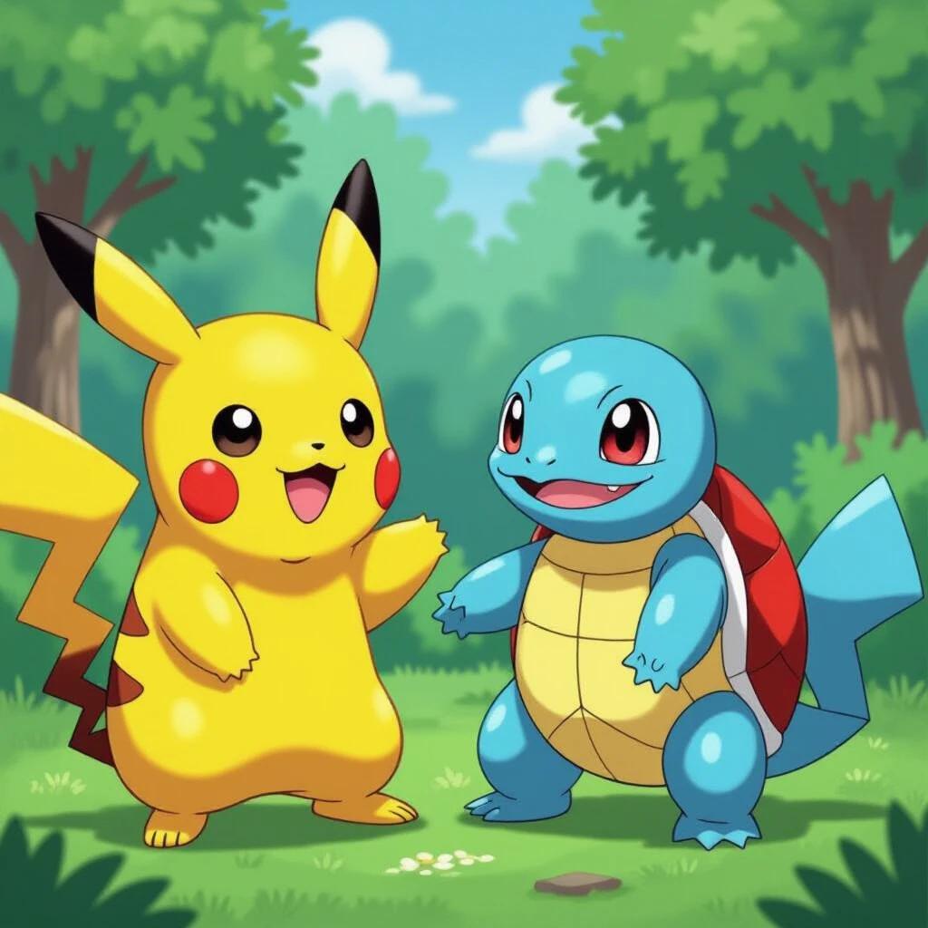 Pikachu stands joyfully waving hand. Squirtle smiles beside it. Background includes trees and blue sky. Characters from famous anime and gaming franchise.