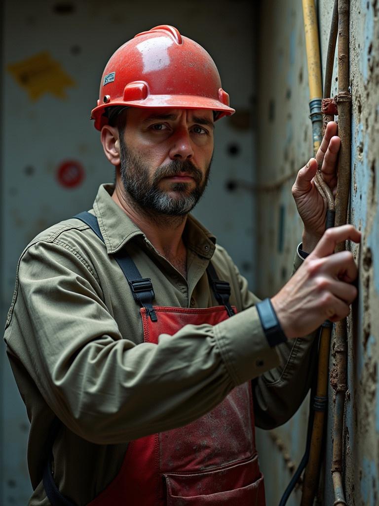 Image depicts a scruffy electrician wearing a red helmet and apron. He is holding electrical wires and standing in a dimly lit corridor filled with grime.