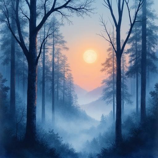 Dreamy watercolor forest landscape. Misty trees. Moonlit colors. Ethereal atmosphere. Soft brushstrokes.
