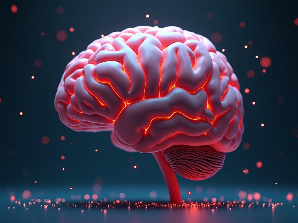A futuristic robot head with a glowing red brain. The robot has a sleek metallic design. The background is dark and moody with a slightly glowing effect around the brain.