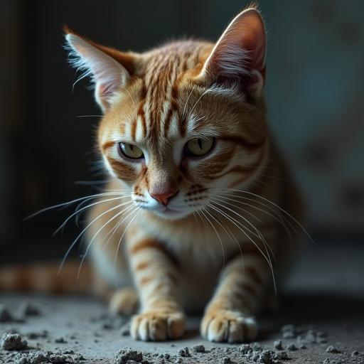Close-up of a domestic orange tabby cat with expressive eyes sitting on a surface with dirt around. Soft natural light highlights the fur and features of the cat.