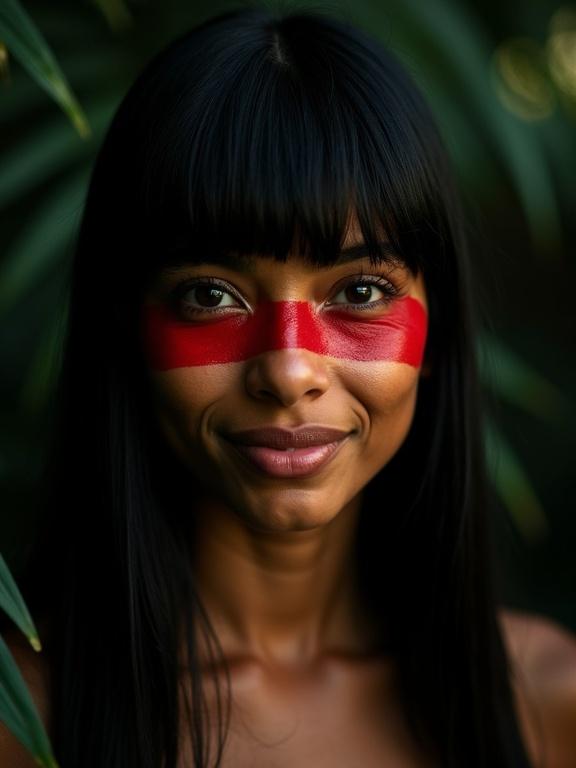 Photorealistic close-up portrait of a young indigenous Brazilian woman with warm skin tone and long black hair. She wears red face paint across her eyes as a stripe. Dramatic side lighting enhances her features. She has a confident smile. Background features dark jungle with palm leaves. Intense and cinematic atmosphere.