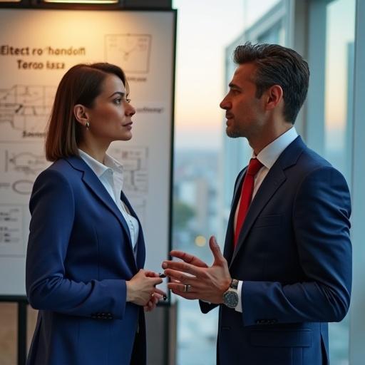 Mexican business couple in modern office. Man in blue suit with red tie. Woman in blue suit with white blouse. Engaged in discussion. Whiteboard with motto in background. Cityscape outside windows. Warm glow from sunset.