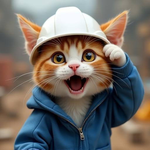 Semi-realistic cat in white hard hat and blue work jacket at construction site. Cat with surprised expression showing detailed fur. Background shows construction elements. Cat tilts head and scratches head with paw.