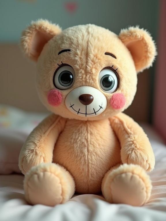 A soft teddy bear plush toy with misplaced eyes. One eye is too high; the other is too low. The bear has a crooked stitched smile. It has weird proportions and sits on a child's bed. 3D realistic lighting creates a slightly unsettling yet funny vibe against a pastel background.