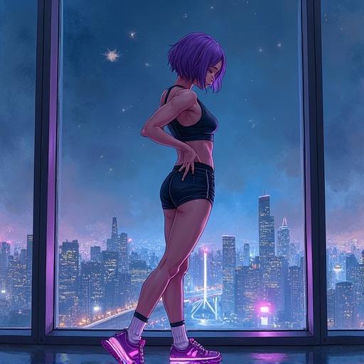 Watercolor painting depicts a young woman with short violet hair. She has a slim muscular build and a big bust. She's wearing a tight short top and sport shorts. High platform sneakers with glowing LED stripes and knee socks are part of her outfit. She's stretching her back and arms. The background features a wall-sized window showing a high floor view of a night city. Dim lighting creates a cinematic atmosphere. The artistic style resembles Yuumei.
