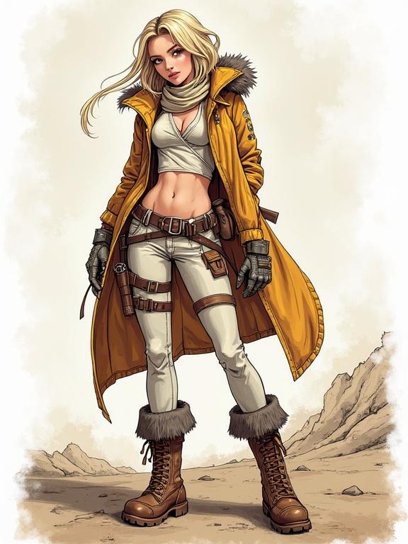 A mystical blonde female character in white attire drawn in a Borderlands artistic style. Standing confidently, wearing a yellow coat and brown boots, with a desolate background.